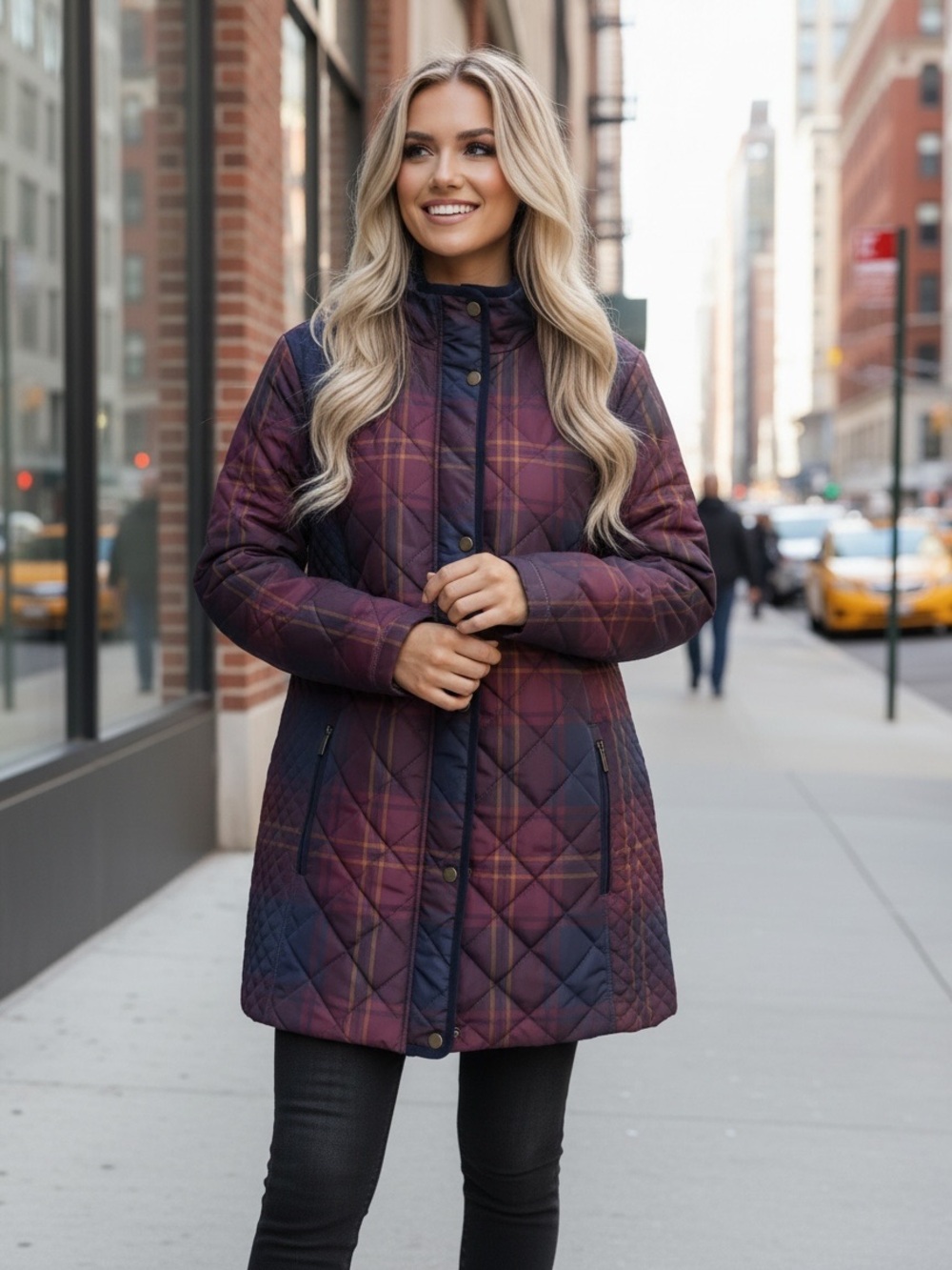 Lands End Quilted Plaid Longline Jacket - Purple